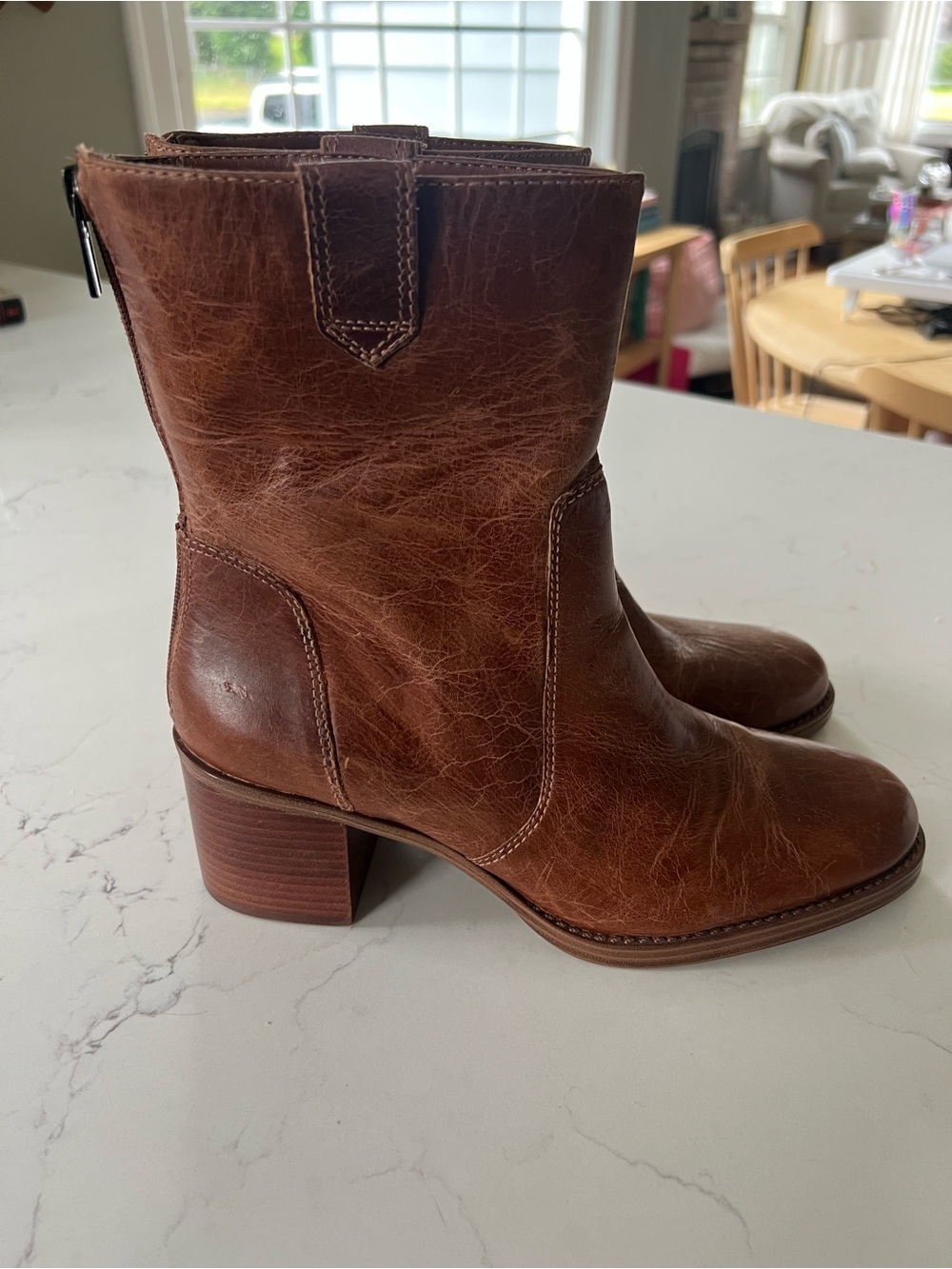 Vince Camuto Brown Leather Mid-Calf Block Heel Boots